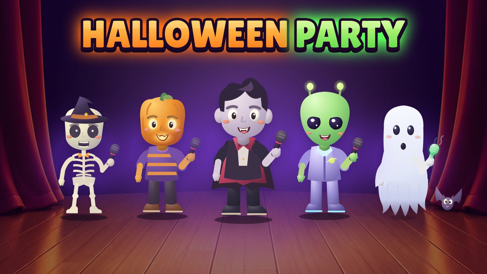 Skelly mit Hexenhut, Kürbi, Vampi, Zorp und Boo mit Fledermaus auf der Bühne unter dem Schriftzug Halloween Party