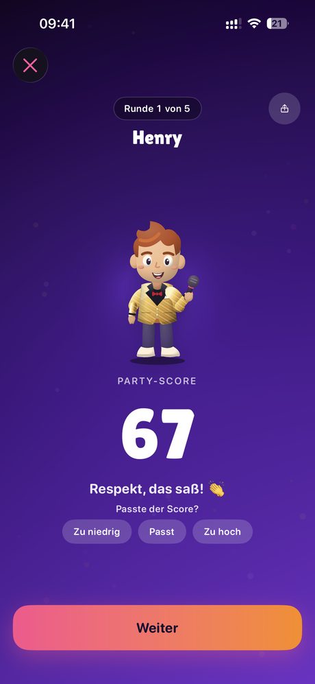 Party-Score nach der Aufnahme